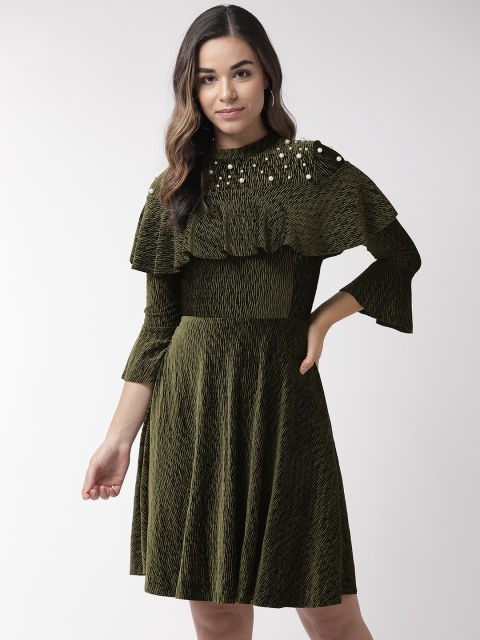 

Madame Women Olive Green Solid Velvet Finish Fit and Flare Dress