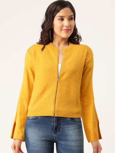 

Madame Women Mustard Yellow Self-Design Cardigan