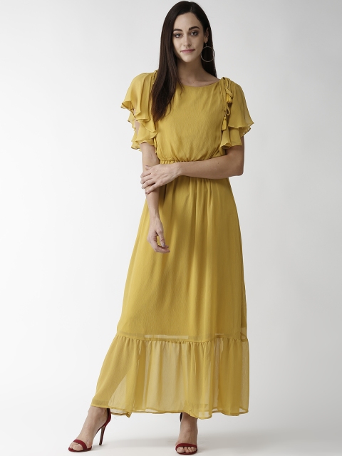 

Madame Women Mustard Yellow Solid Semi-Sheer Maxi Dress