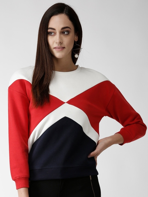 

Madame Women Red & Navy Blue Colourblocked Sweatshirt
