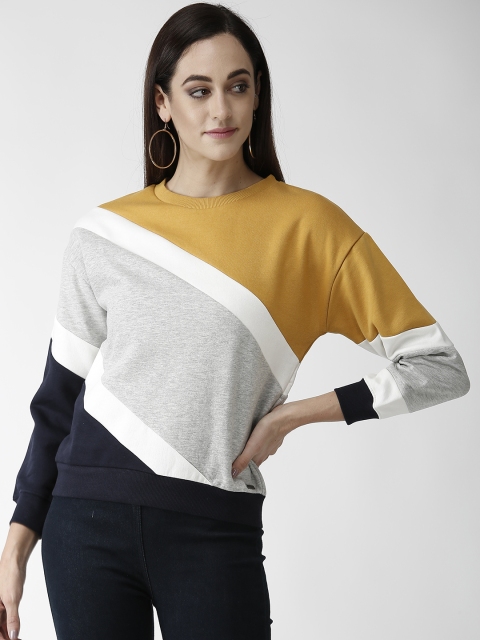 

Madame Women Mustard Yellow & Grey Melange Colourblocked Sweatshirt