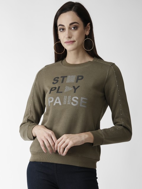 

Madame Women Olive Green Printed Sweatshirt
