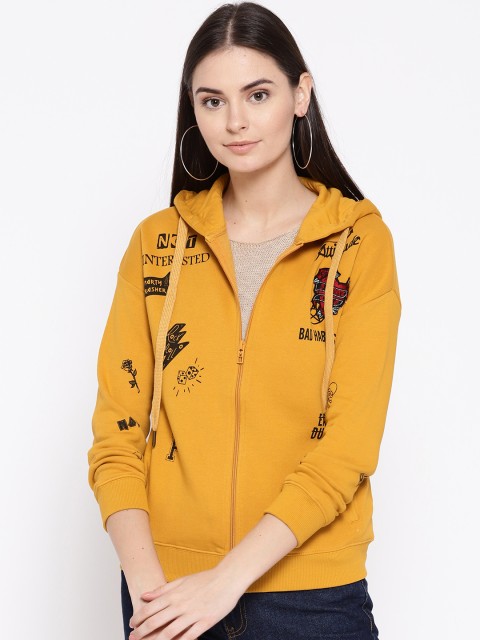 

Madame Women Mustard Yellow Printed Hooded Sweatshirt