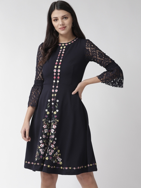 

Madame Women Navy Blue Embroidered A-Line Dress