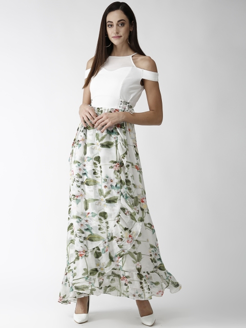 

Madame Women White & Green Printed Cold-Shoulder Maxi Dress