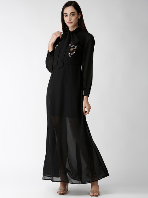 

Madame Women Black Semi-Sheer Embroidered Detail Maxi Dress