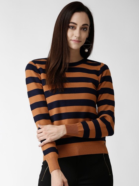 

Madame Women Brown & Navy Blue Striped Pullover