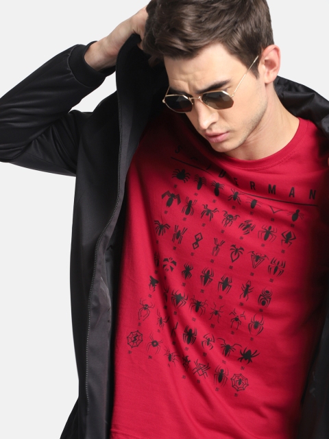 Men Red Spiderman Printed Round Neck Pure Cotton T-shirt
