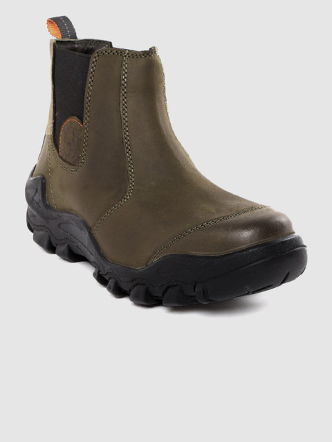 

Woodland Men Olive Green Solid Mid Top Nubuck Flat Boots