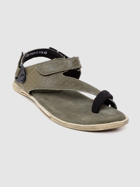 

Woodland Men Olive Green Printed Leather One Toe Comfort Sandals