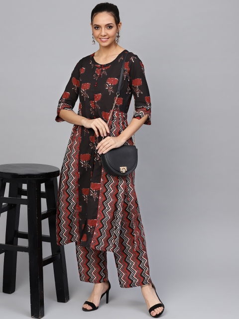 

Jaipur Kurti Women Black & Rust Red Printed Kurta with Palazzos