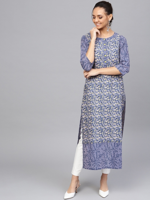 

Jaipur Kurti Women Blue & Grey Printed Straight Kurta