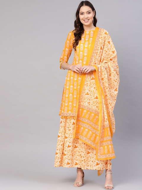 

Jaipur Kurti Women Yellow & White Hand Printed Kurta with Palazzos & Dupatta