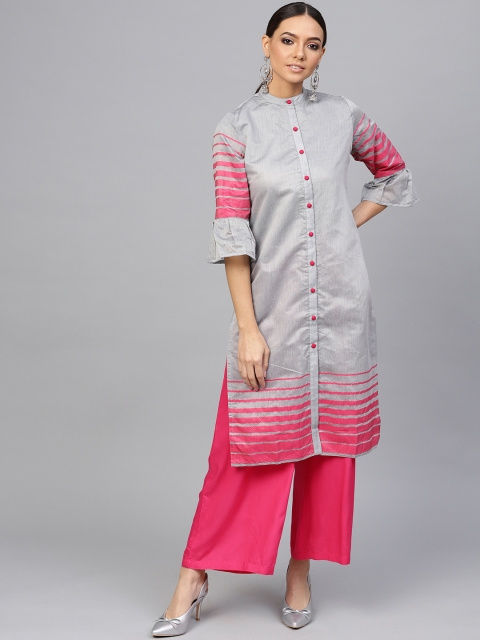 

Jaipur Kurti Women Grey & Pink Striped Straight Kurta