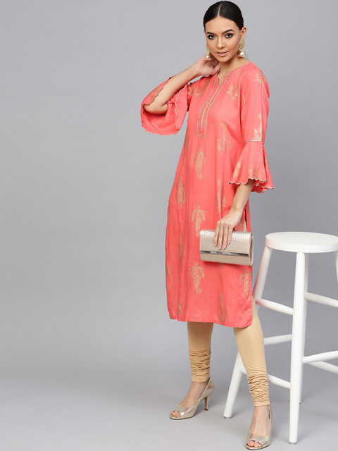 

Jaipur Kurti Women Peach-Coloured & Golden Printed Straight Kurta