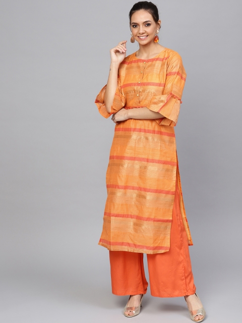 

Jaipur Kurti Women Orange Striped Straight Kurta