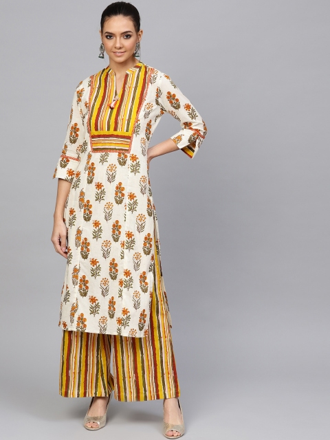 

Jaipur Kurti Women Off-White & Mustard Yellow Printed Kurta with Palazzos