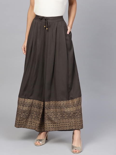 

Jaipur Kurti Women Charcoal Grey & Golden Hem Design Flared Palazzos