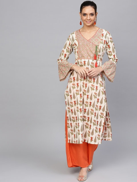 

Jaipur Kurti Women Off-White & Green Floral Printed Angrakha Straight Kurta