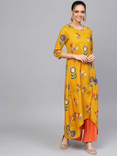 

Jaipur Kurti Women Mustard Yellow & Blue Printed A-Line Kurta