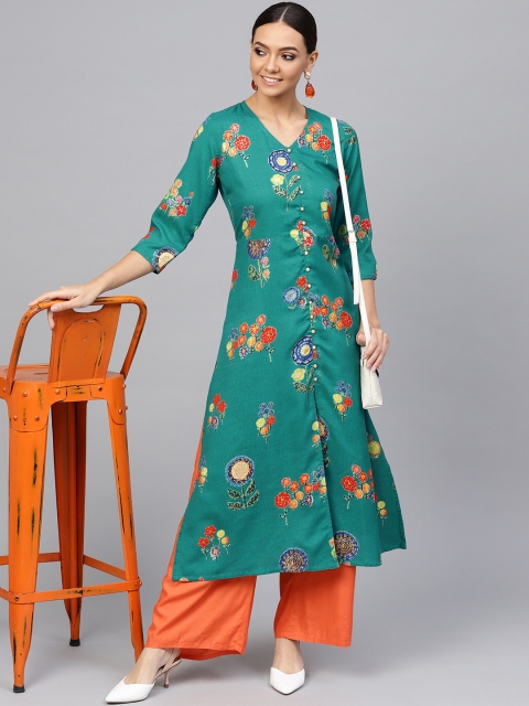 

Jaipur Kurti Women Green & Orange Floral Printed A-Line Kurta