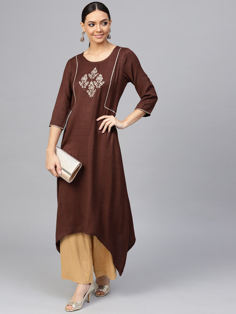 

Jaipur Kurti Women Brown & Beige Yoke Design Asymmetric A-Line Kurta
