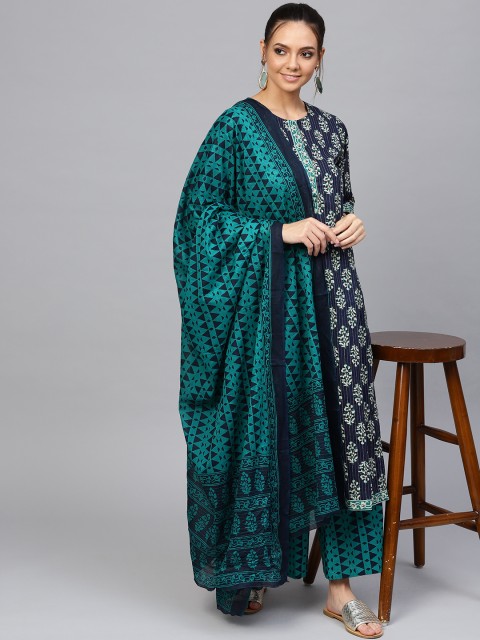 

Jaipur Kurti Women Navy Blue & Green Printed Kurta with Palazzos & Dupatta
