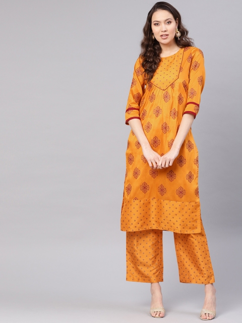 

Jaipur Kurti Women Mustard Yellow & Maroon Printed Kurta with Palazzos