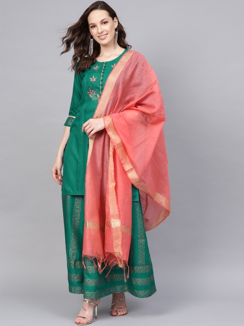 

Jaipur Kurti Women Green & Peach-Coloured Yoke Design Kurta with Skirt & Dupatta
