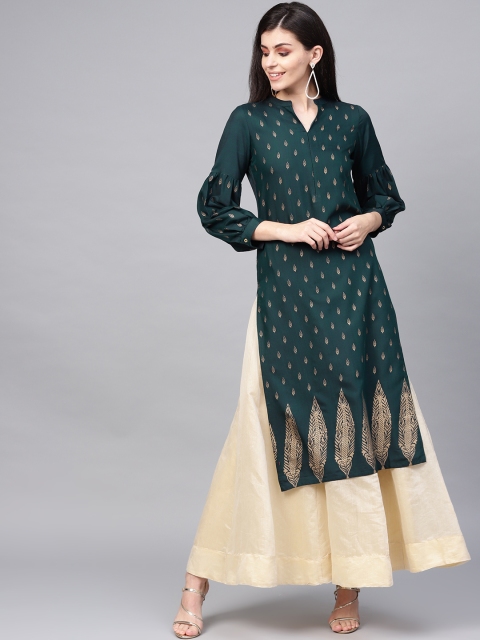 

Jaipur Kurti Women Teal Green & Golden Printed Straight Kurta