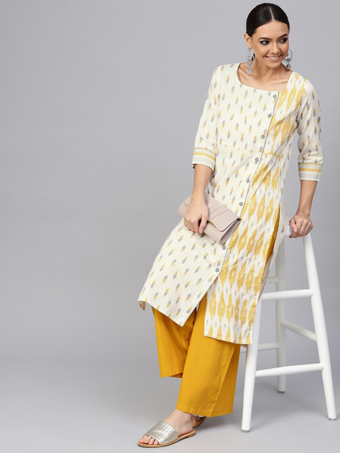

Jaipur Kurti Women Off-White & Mustard Yellow Ikat Printed Straight Kurta