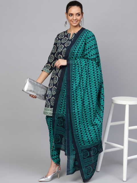 

Jaipur Kurti Women Navy Blue & Green Printed Kurta with Dhoti Pants & Dupatta