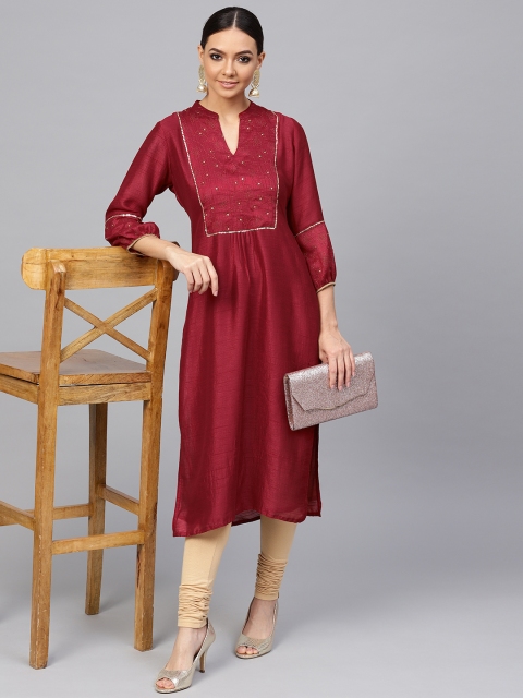 

Jaipur Kurti Women Maroon & Golden Yoke Design Straight Kurta