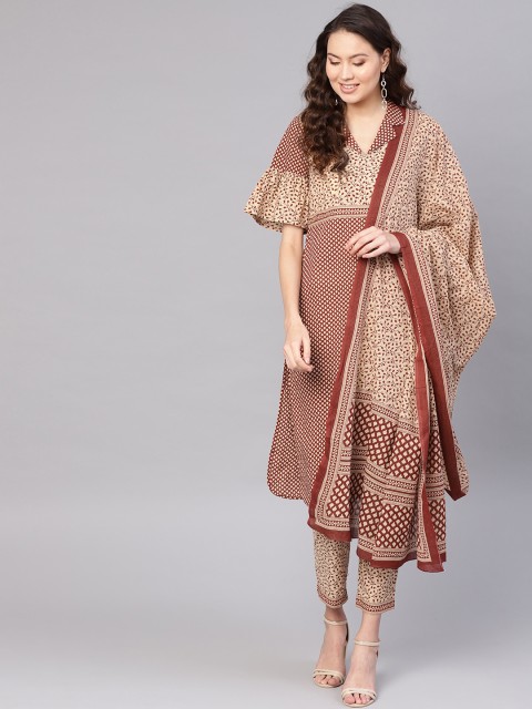 

Jaipur Kurti Women Rust Red & Beige Printed Kurta with Trousers & Dupatta