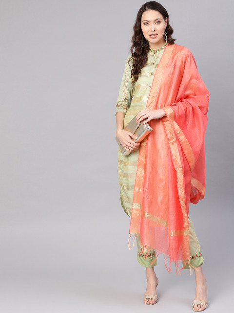 

Jaipur Kurti Women Green & Peach-Coloured Handloom Striped Kurta with Trousers & Dupatta