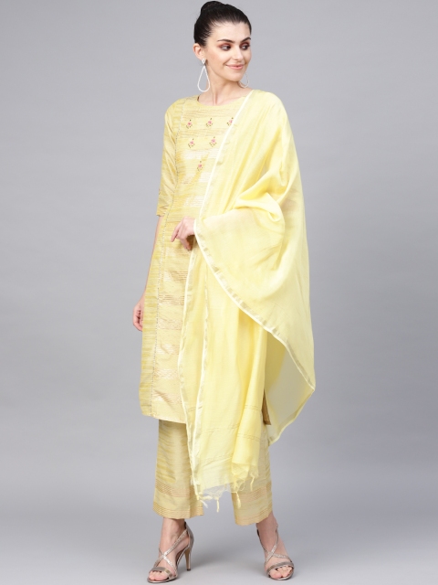 

Jaipur Kurti Women Yellow & Golden Handloom Striped Kurta with Palazzos & Dupatta