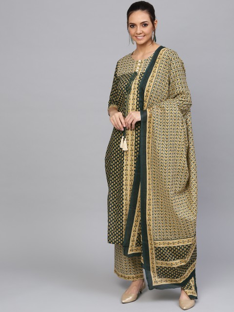 

Jaipur Kurti Women Green & Beige Printed Kurta with Palazzos & Dupatta
