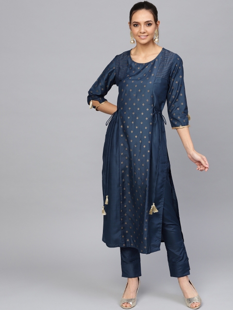 

Jaipur Kurti Women Navy Blue & Golden Printed Kurta with Trousers