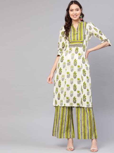 

Jaipur Kurti Women White & Olive Green Hand Printed Kurta with Palazzos