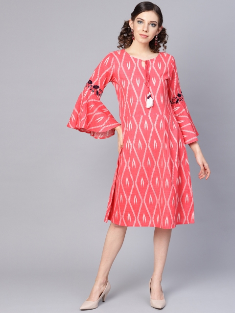 

Jaipur Kurti Women Printed Coral Pink & White A-Line Dress