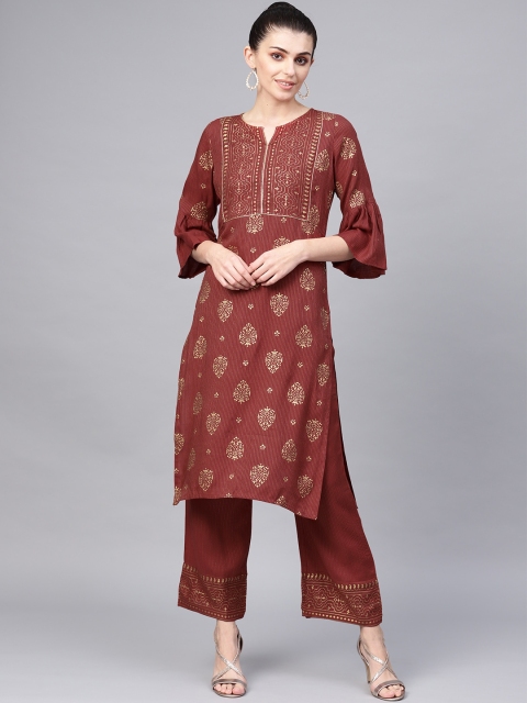 

Jaipur Kurti Women Maroon & Golden Printed Kurta with Palazzos