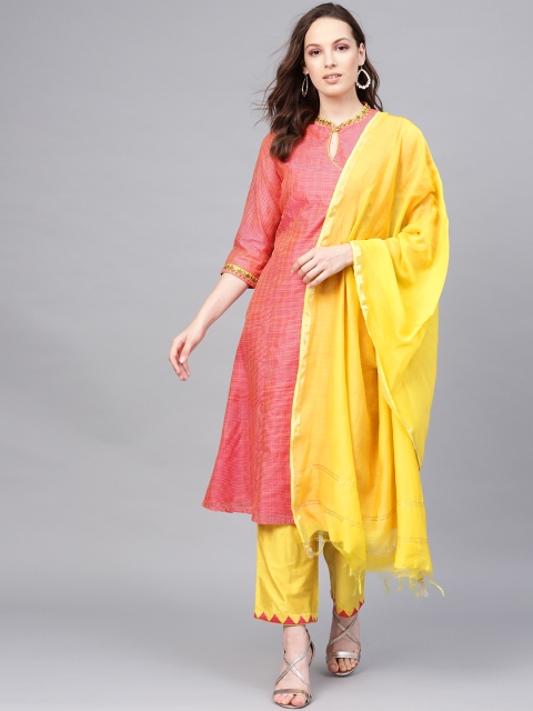 

Jaipur Kurti Women Pink & Yellow Self-Striped Handloom Kurta with Palazzos & Dupatta