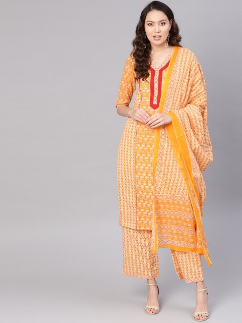 

Jaipur Kurti Women Yellow & Off-White Printed Kurta with Palazzos & Dupatta