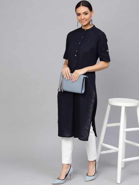 

Jaipur Kurti Women Navy Blue Solid Straight Kurta