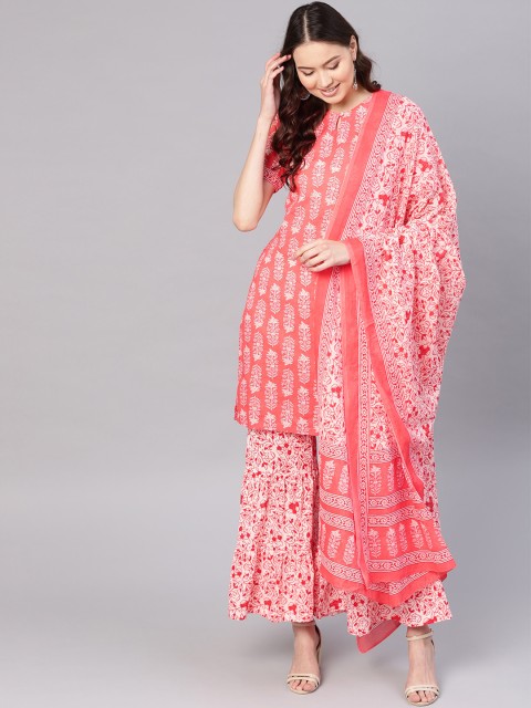

Jaipur Kurti Women Coral Pink & White Hand Printed Kurta with Palazzos & Dupatta