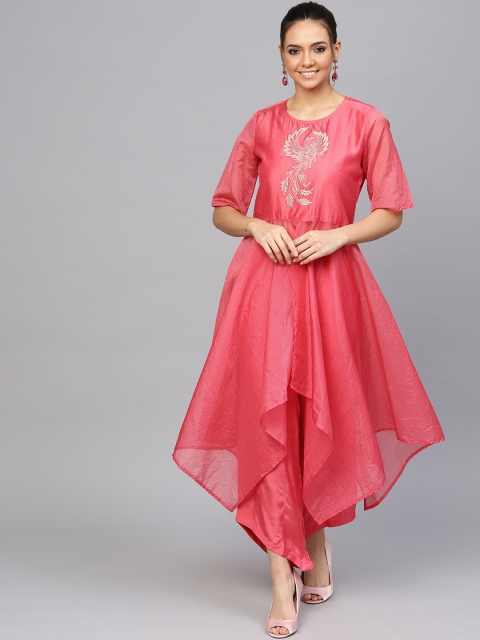 

Jaipur Kurti Women Pink Yoke Design High-Slit Kurta with Palazzos