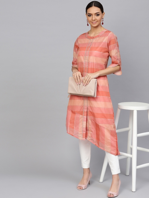 

Jaipur Kurti Women Peach-Coloured Striped A-Line Kurta