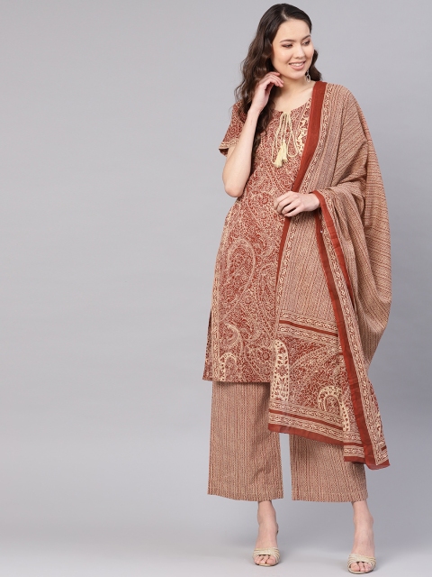 

Jaipur Kurti Women Rust Red & Beige Printed Kurta with Palazzos & Dupatta