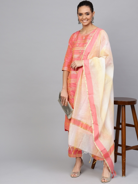 

Jaipur Kurti Women Pink & Off-White Striped Handloom Kurta with Trousers & Dupatta