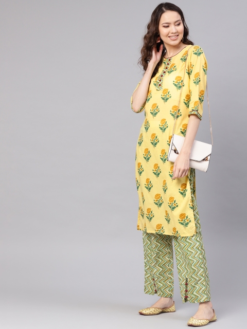 

Jaipur Kurti Women Yellow & Green Printed Kurta with Palazzos